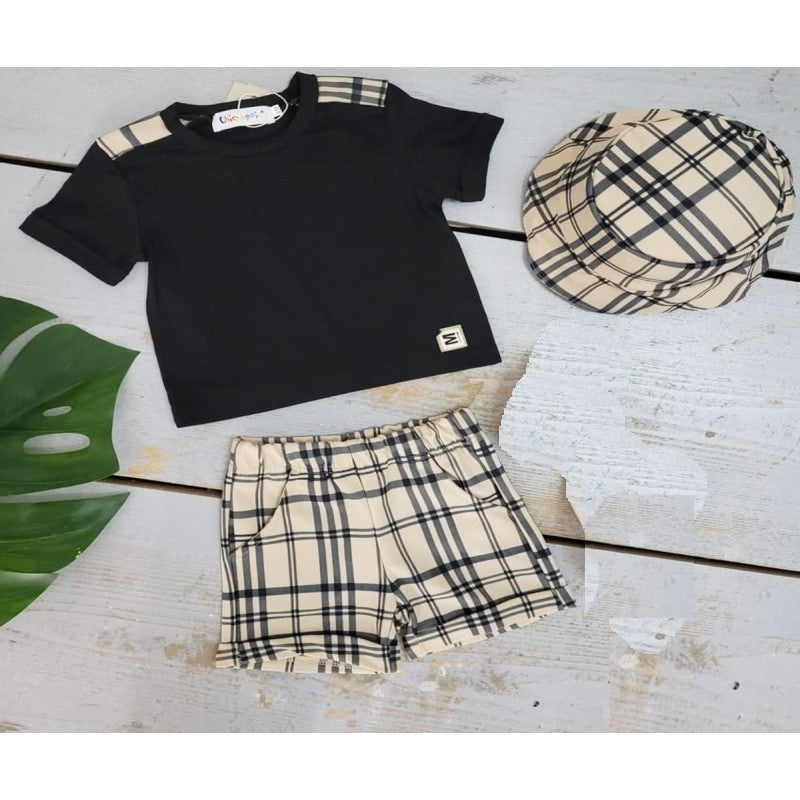 Boys Shorts T-Shirt And Hat Set- Black