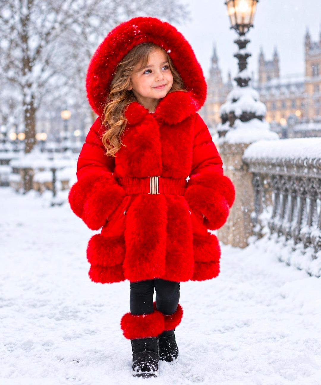 Girl's Luxury Quilted Faux Fur Trimmed & Fur Lined Hooded Coat- Black or Red- Ages 1 to 14 Years