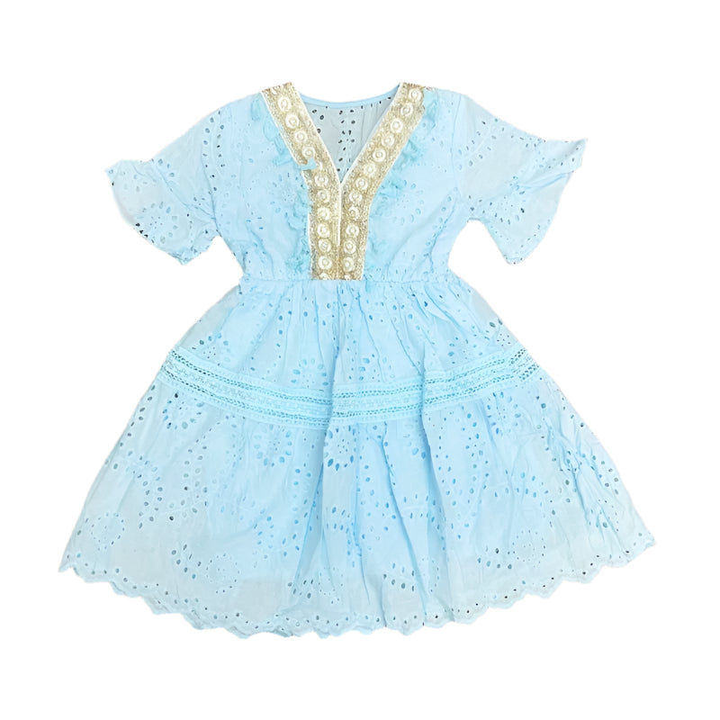 Girl's Short Sleeve Boho Dress- Sky Blue- Ages 4 to 14
