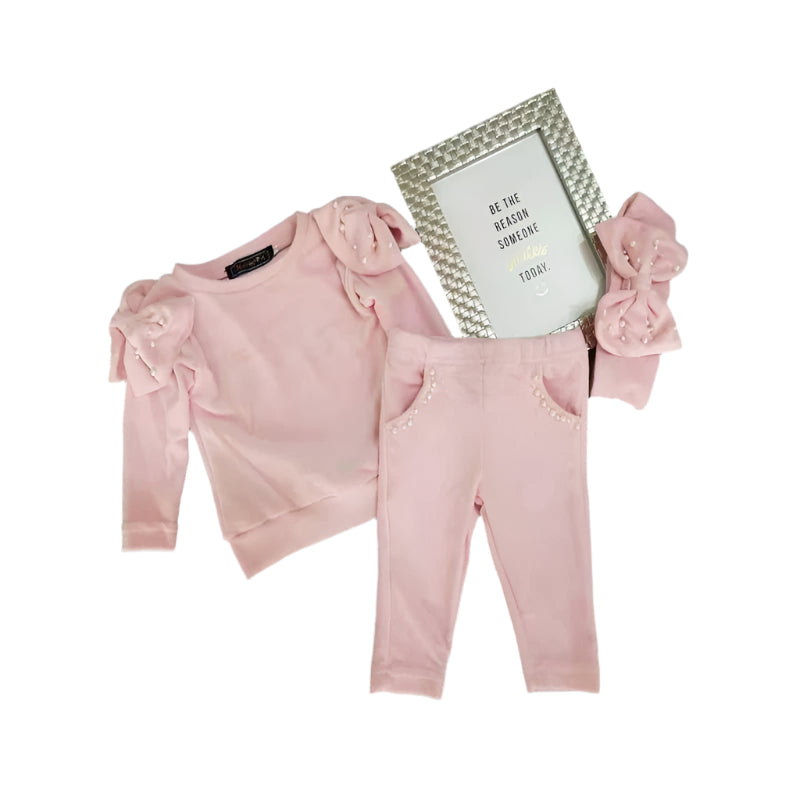 Girls Velour Tracksuit And Headband With Pearl Trim- Pink