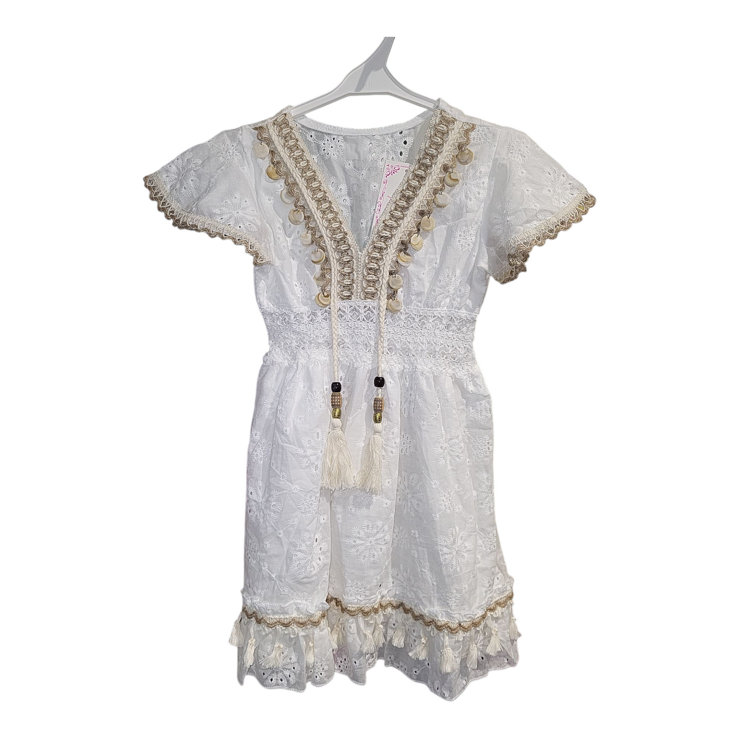 Girl's Boho Style Dress With Tassles & floral design and gold-trimmed- White