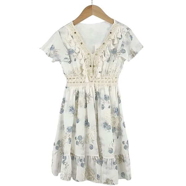 Girls Ivory Blue Floral Boho Style Dress- 4 to 12 Years