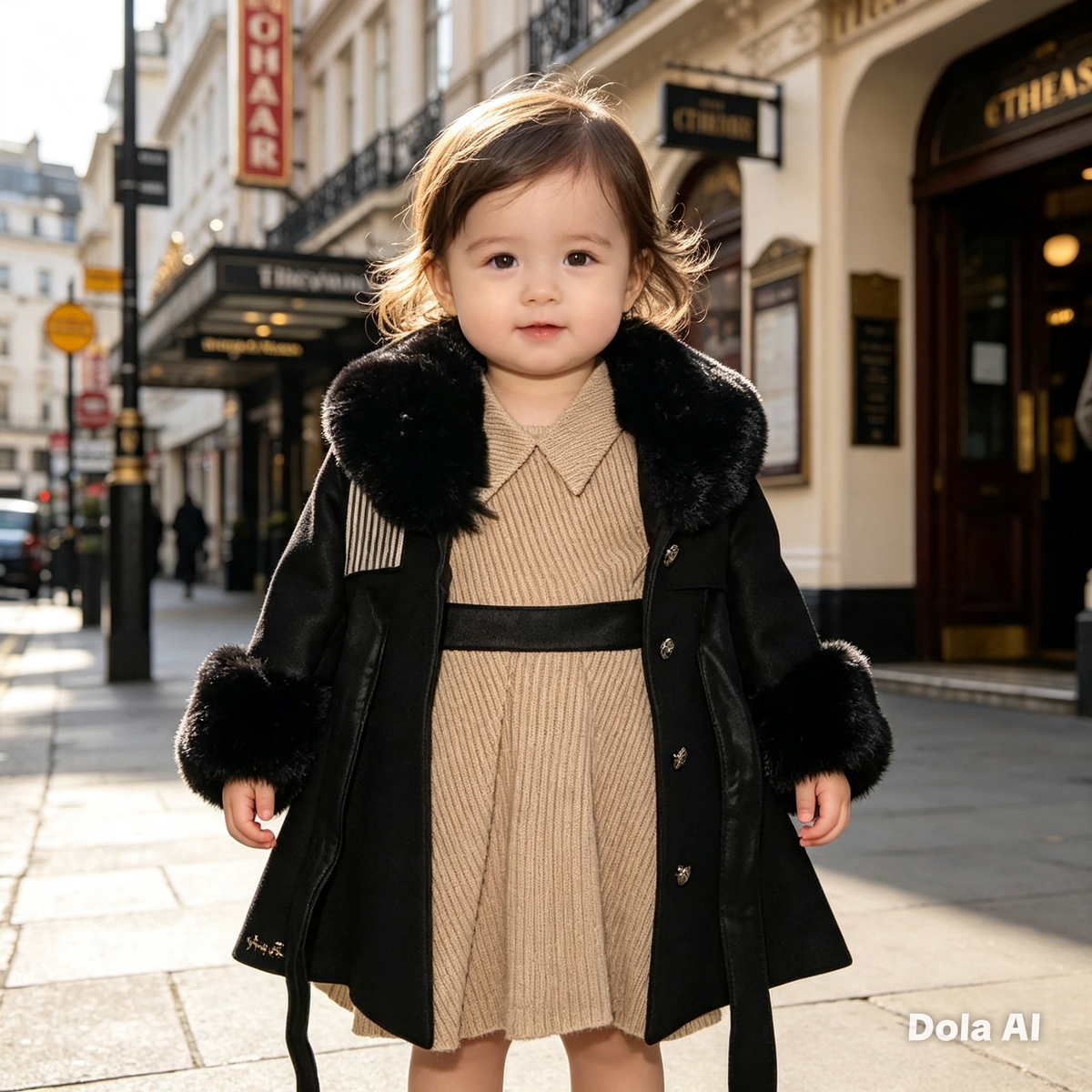 Girl's Faux Leather Coat With Faux Fur Trim Beige Dress