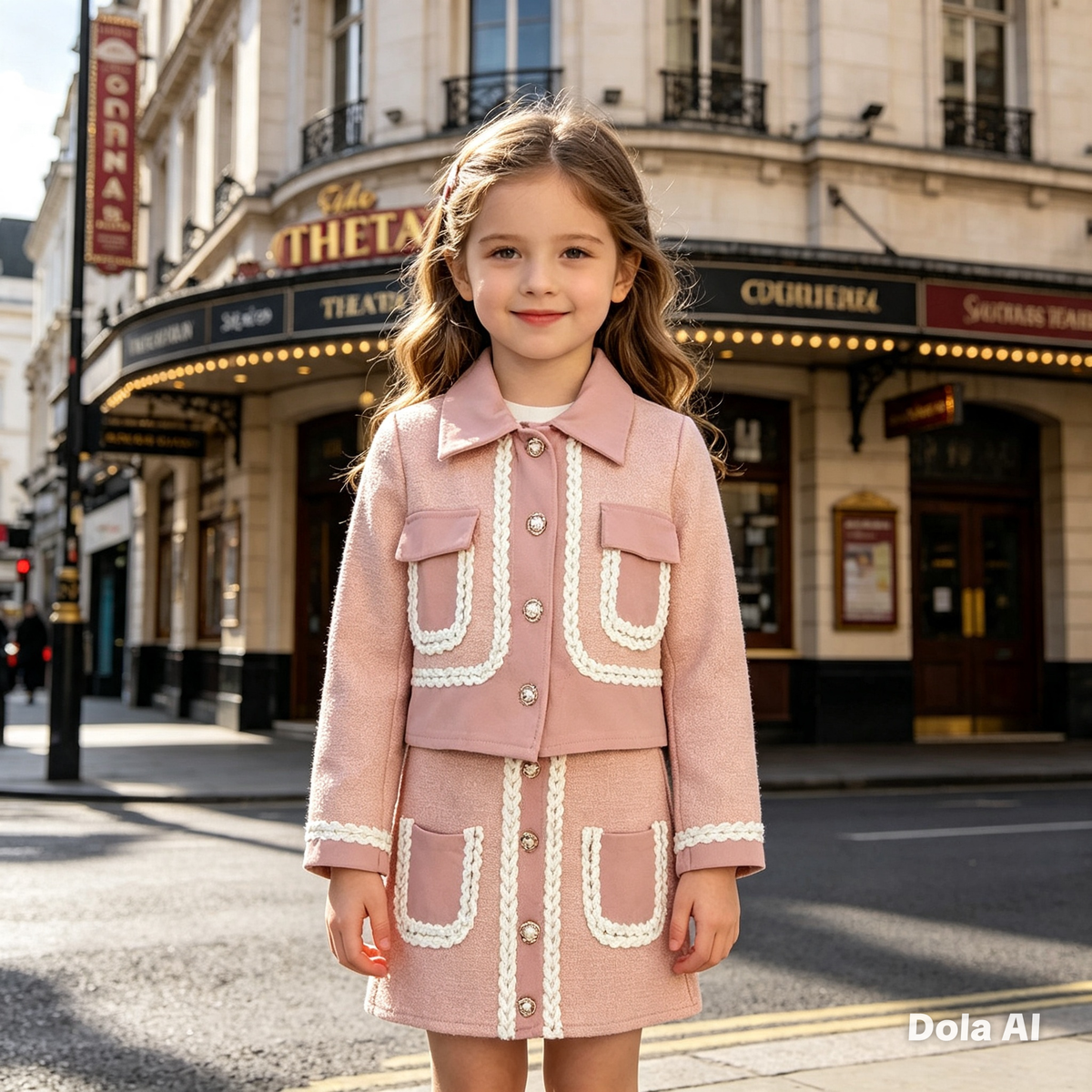 Girl's Pink 2pc Set Skirt And Jacket White Detailing
