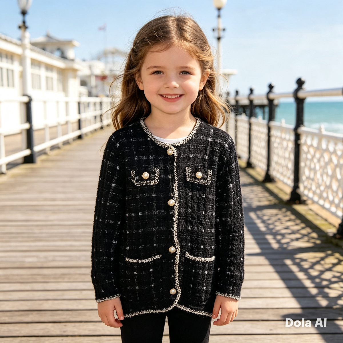 Girls Black And White Soft Cardigan With Pearl Buttons