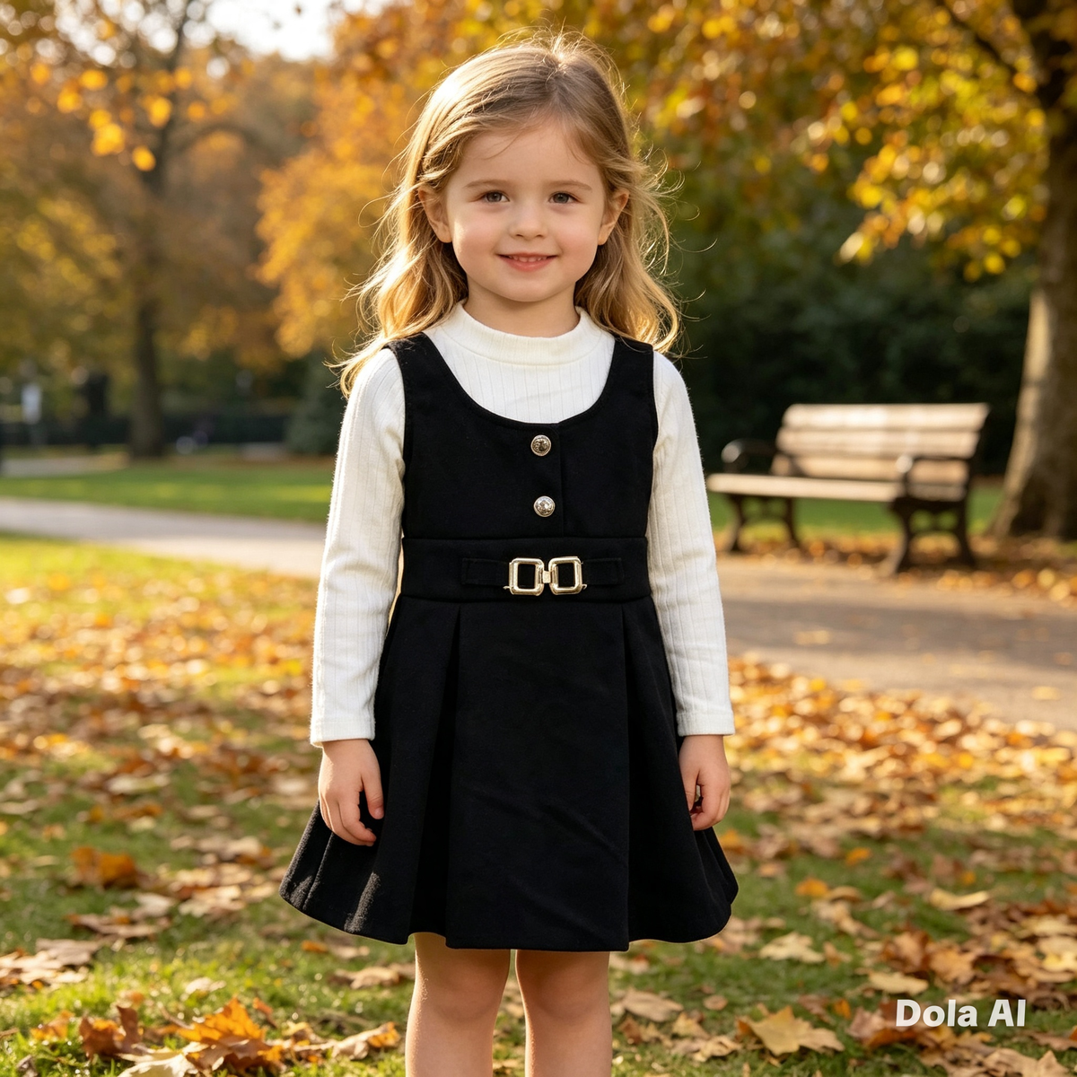 Girls Black Dress With Buckle and Cream Long Sleeve Top.