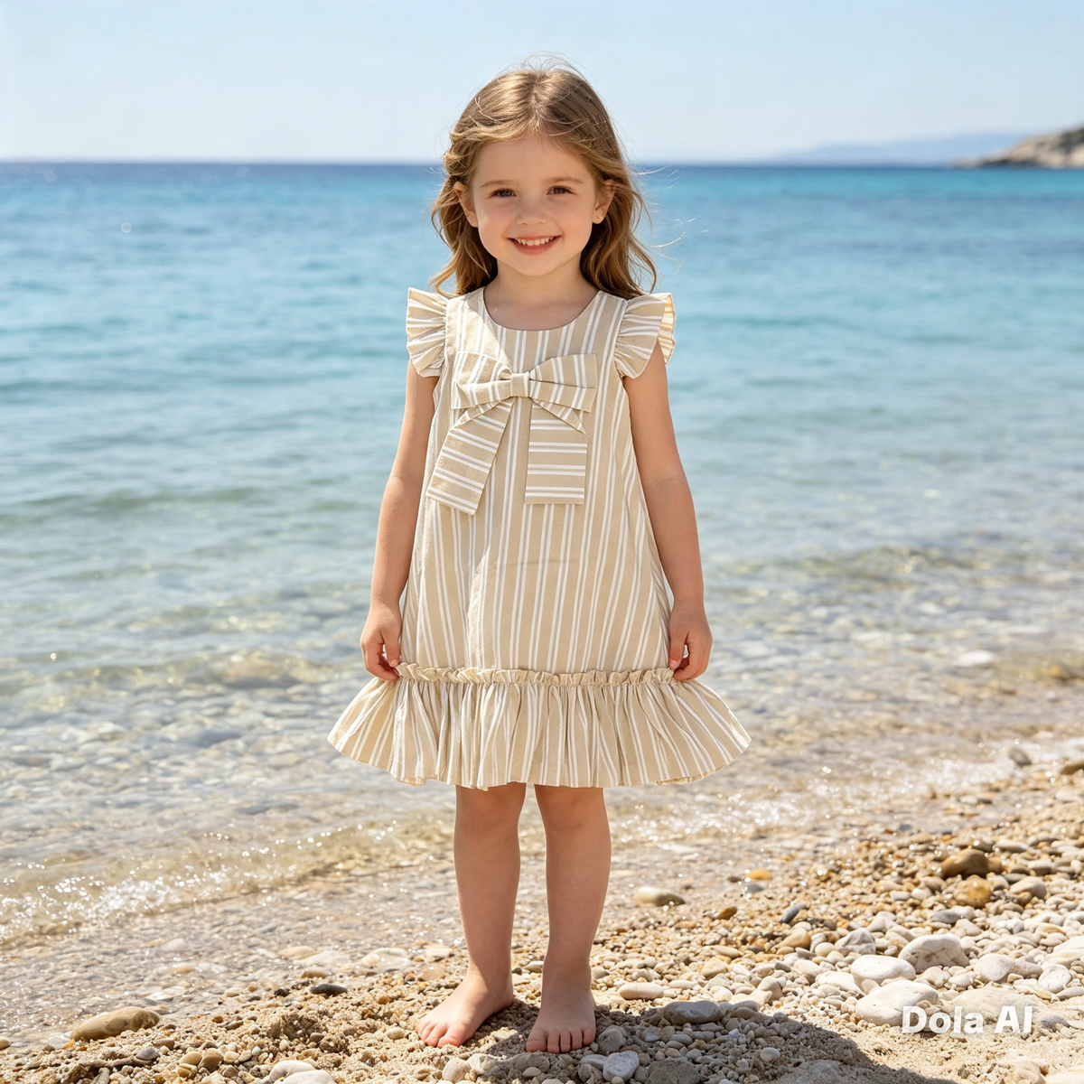 Girls Sleeveless Summer Dress With Bow- Beige
