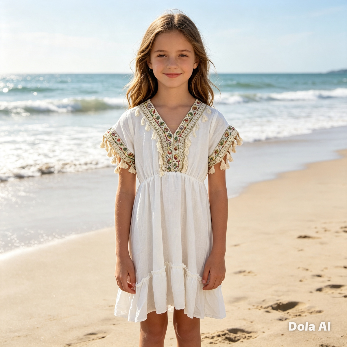 Girls Boho Style Summer Dress- Gold And Multi Coloured Trim