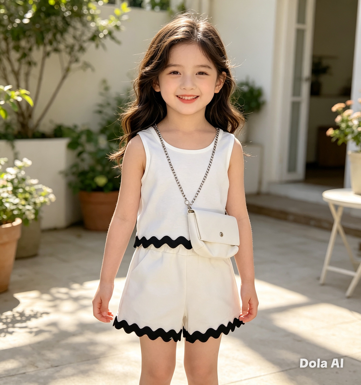 Girls Shorts And Vest Top With Matching Bag- White With Black Trim