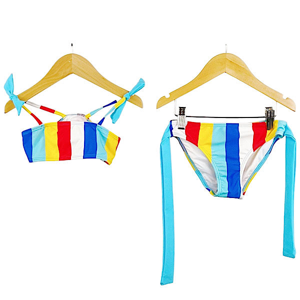 Girl's Multicolour Stripe Print Two-Piece Swimsuits With Tie Bow Detail- Ages 4 to 12
