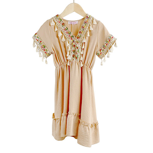 Girl's Boho Midi Dress With Gold Tassel and Mirror Motif Applique Neckline And Cap Sleeves- Beige