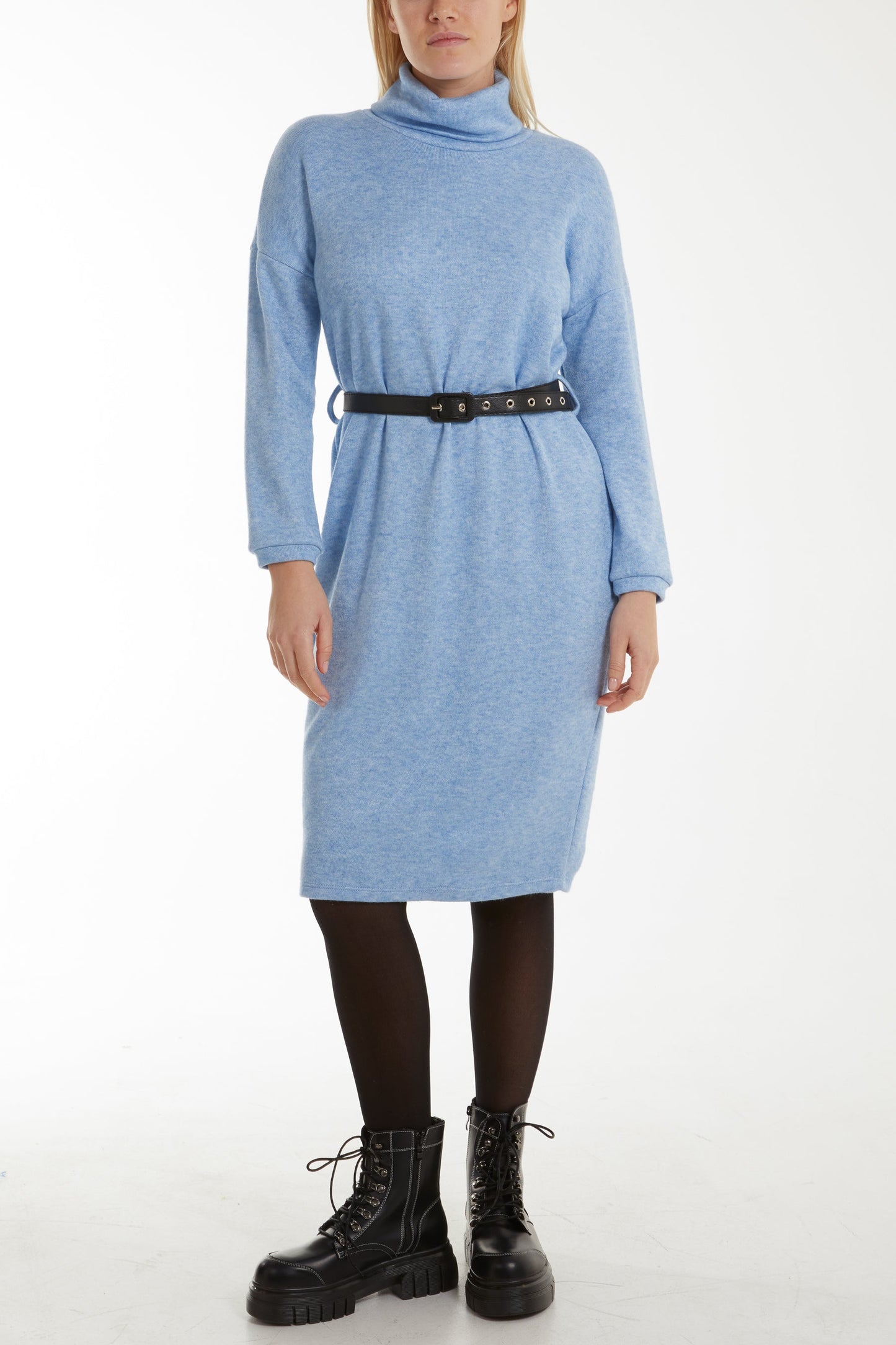 Womens Baby Blue Jumper Dress With Black Belt