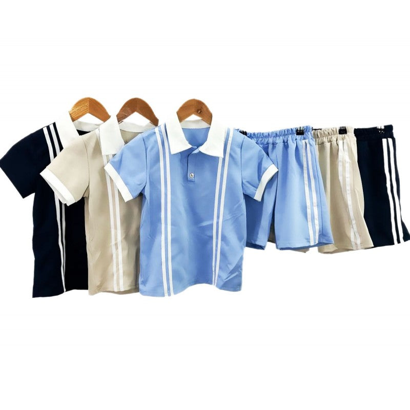 Boy's Striped Polo Shirt & Shorts Set- Beige, Sky Blue, Navy