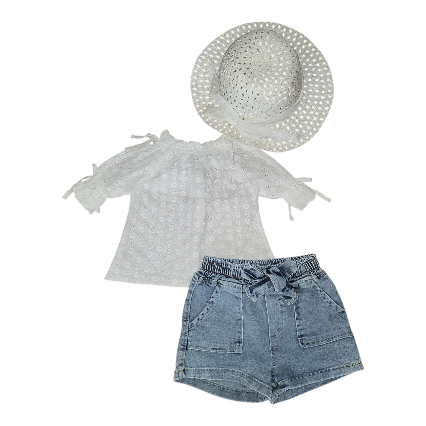 Girl's Broderie Anglaise Open Short Sleeve Top / Denim Shorts Set & Hat- White or Yellow- Ages 2 to 5 Years