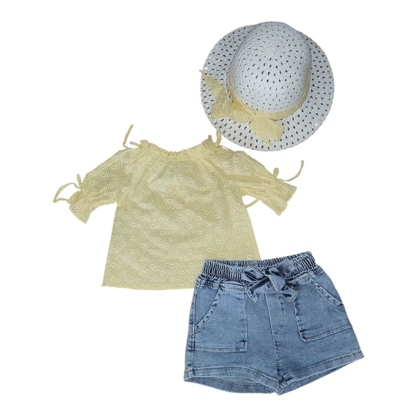 Girl's Broderie Anglaise Open Short Sleeve Top / Denim Shorts Set & Hat- White or Yellow- Ages 2 to 5 Years