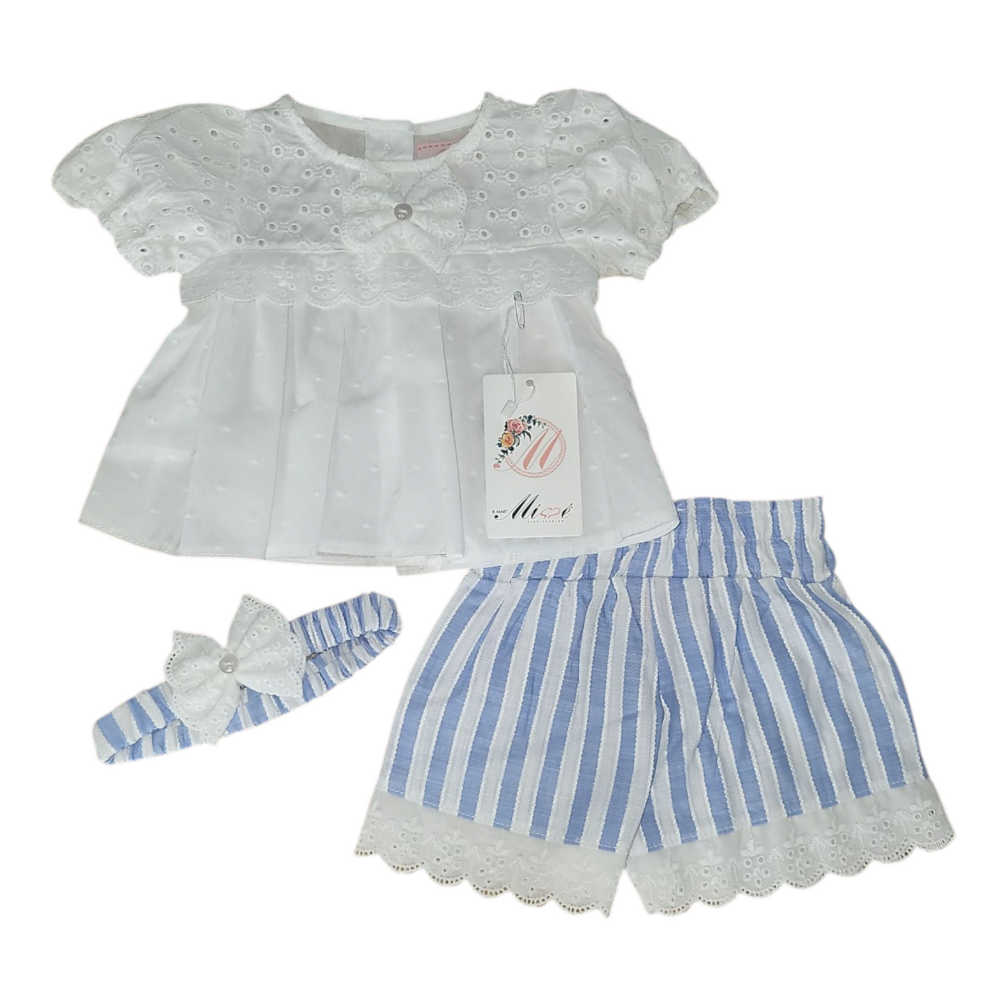 Girl's Short Sleeve Broderie Anglaise Top - Shorts Set & Headband - Ages 9 to 24 months