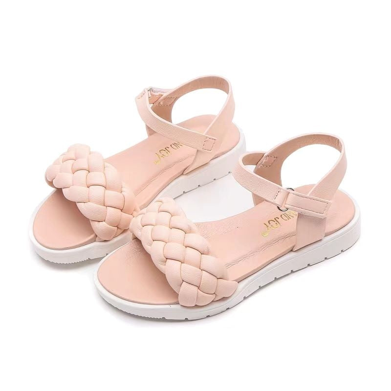 Girl's Peach Faux Leather Plaited Strap Sandals- Easy Velcro Strap- Cushioned Nude Sole- 25-30 EU