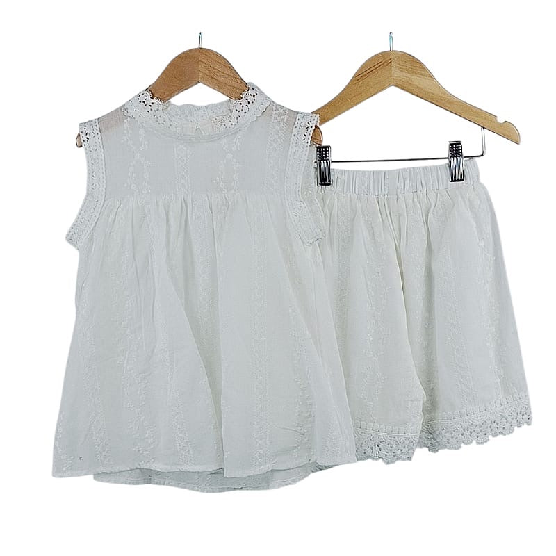 Girls Sleeveless Lined Anglaise Motif Top Co-ord With Matching Anglaise Shorts Set- Pink or Ivory