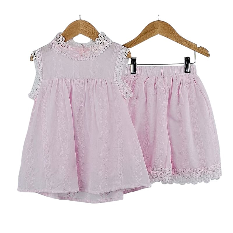 Girls Sleeveless Lined Anglaise Motif Top Co-ord With Matching Anglaise Shorts Set- Pink or Ivory