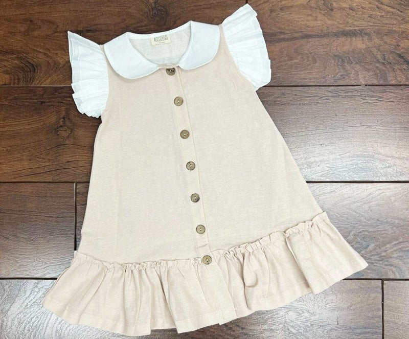 Girls Button Through Dress With White Collar And Ruffle Sleeve- Beige