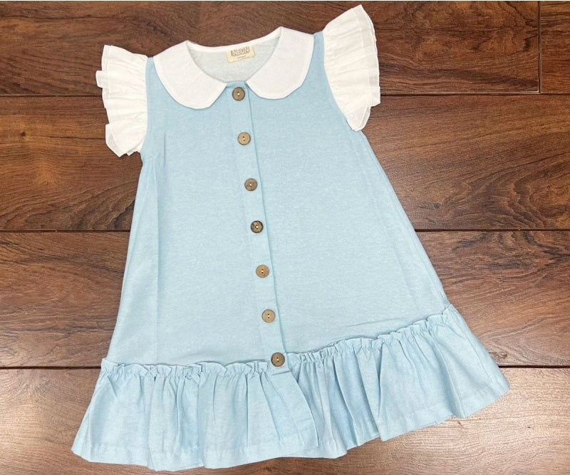 Girls Button Through Dress With White Collar And Ruffle Sleeve- Sky Blue