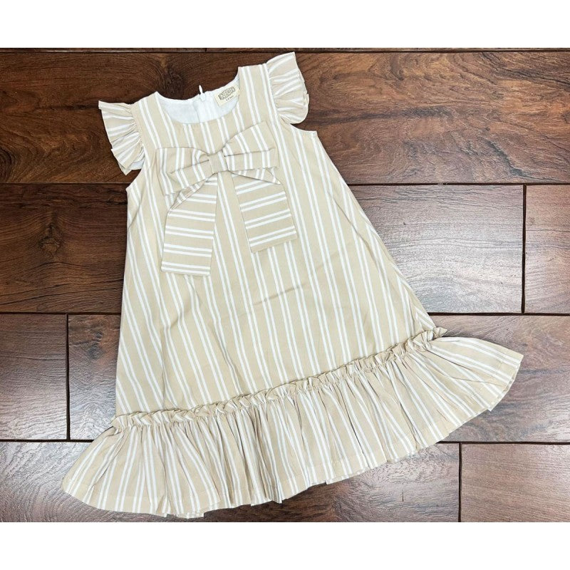 Girls Sleeveless Summer Dress With Bow- Beige