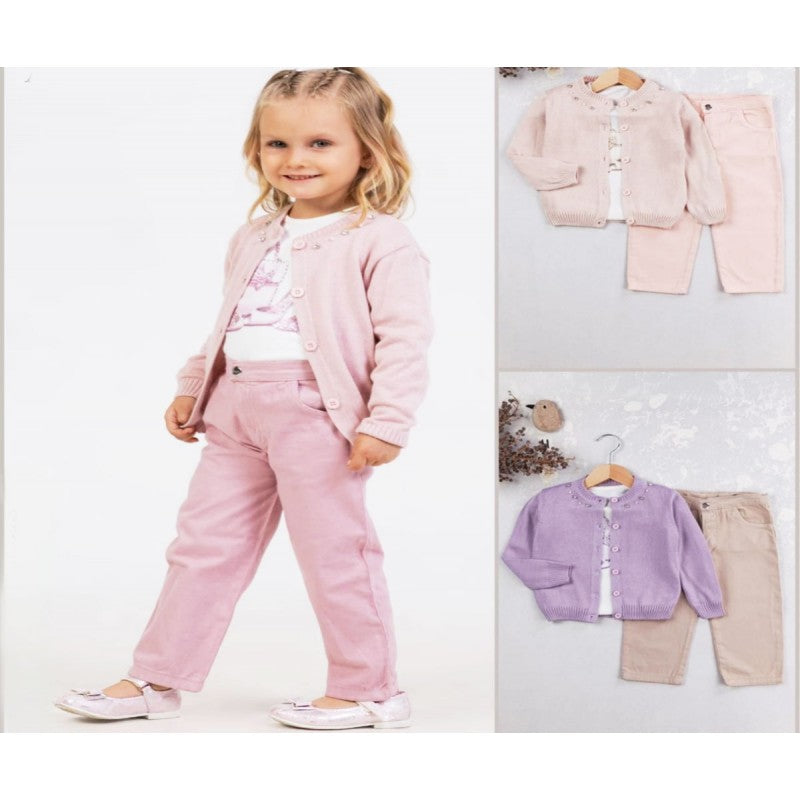 Girls Trouser Suit, Printed T-Shirt, Cardigan And Trousers- Pink