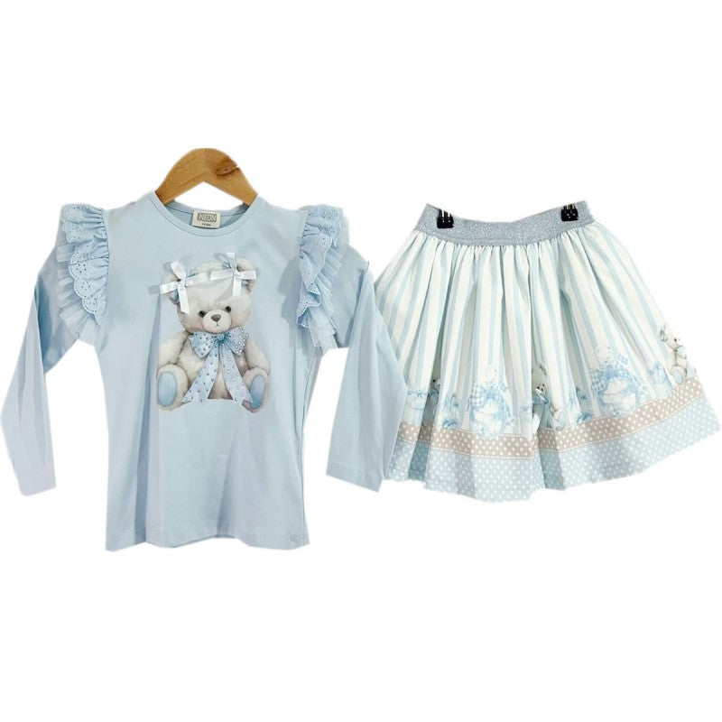 Girls Skirt Set With Teddy Print Top- Sky Blue