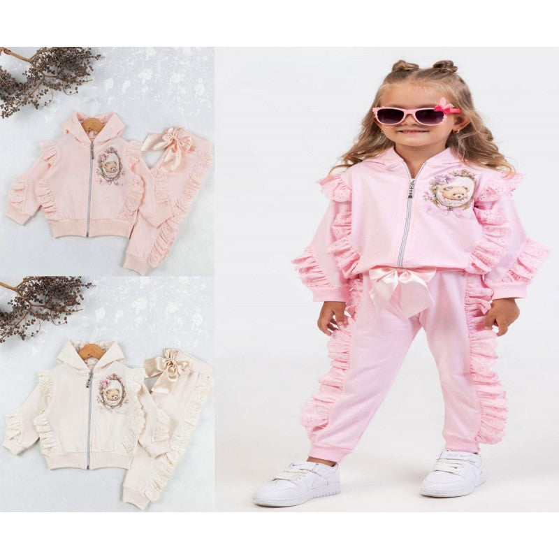 Girl's Tracksuit With Frill Trim & Teddy Motif- Various Colours- Ages 1 to 8 Years