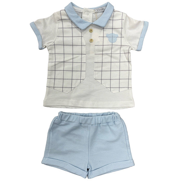 Boys Ivory/Blue Chequered Waist Coat Motif & Shorts Set 0-9 Months
