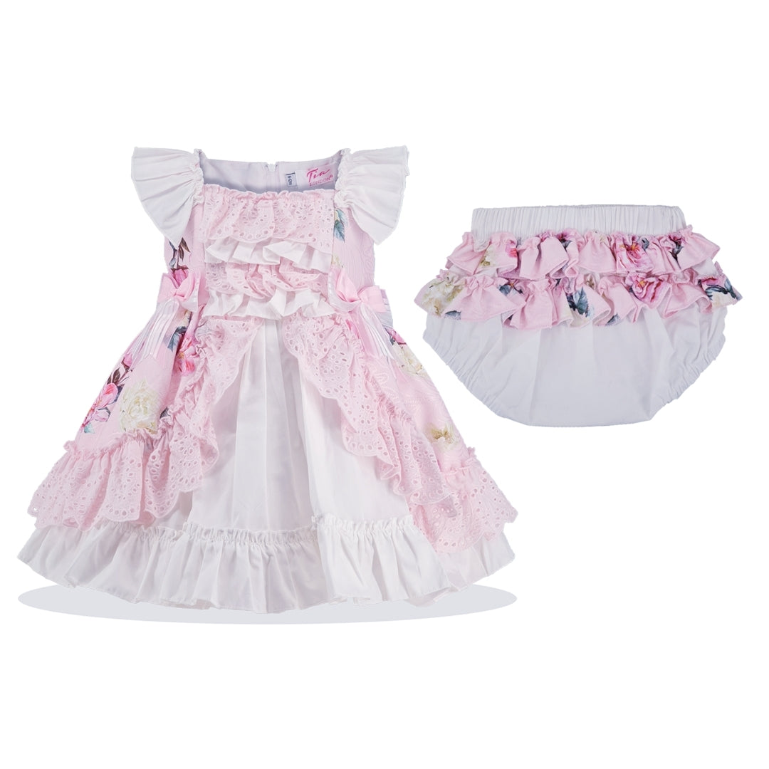 Girl's Baby Pink Floral Frill 2PC Dress Set- Age 0-24 Months