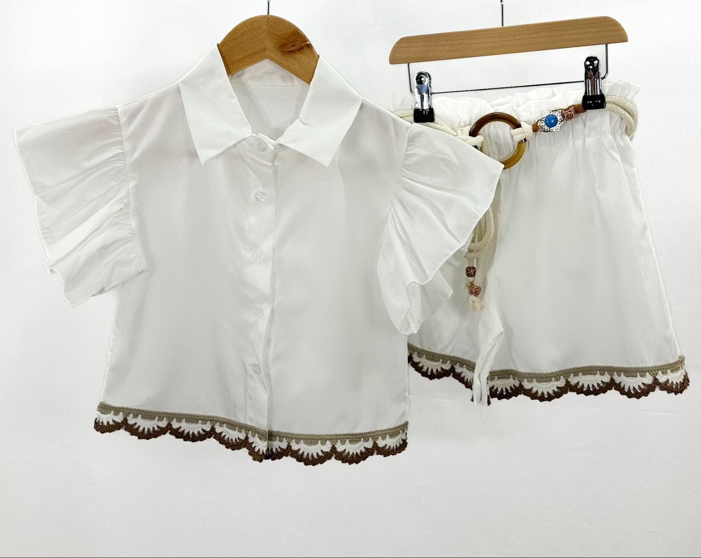 Girl's Boho Style Short Set With Crochet Detailing- White, Pink or Lilac