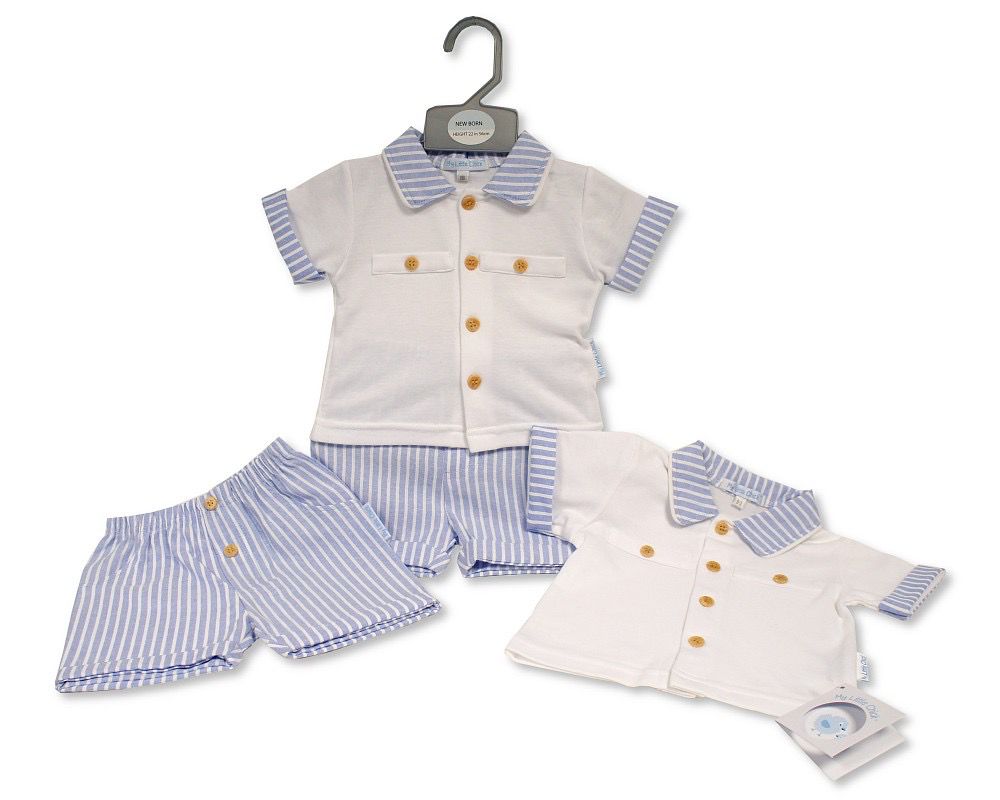 Boys Blue Pinstripe 2PC Shorts Outfit Set NB to 6 months