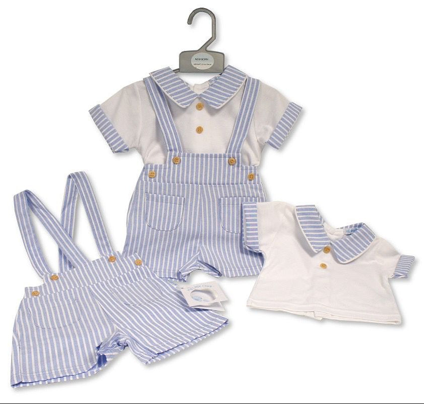 Boys Blue Pinstripe Suspender Shorts Outfit- NB to 6M