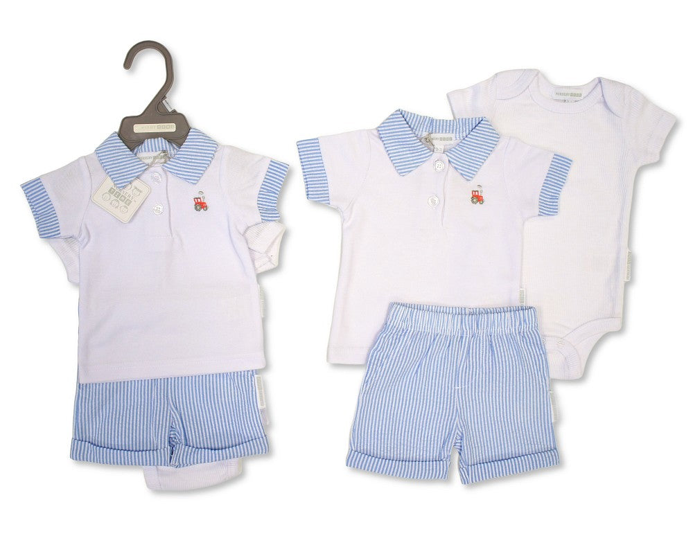 Baby boys ivory & blue tractor motif pinstripe collar polo shirt co-ord with matching pinstripe shorts and a plain baby vest