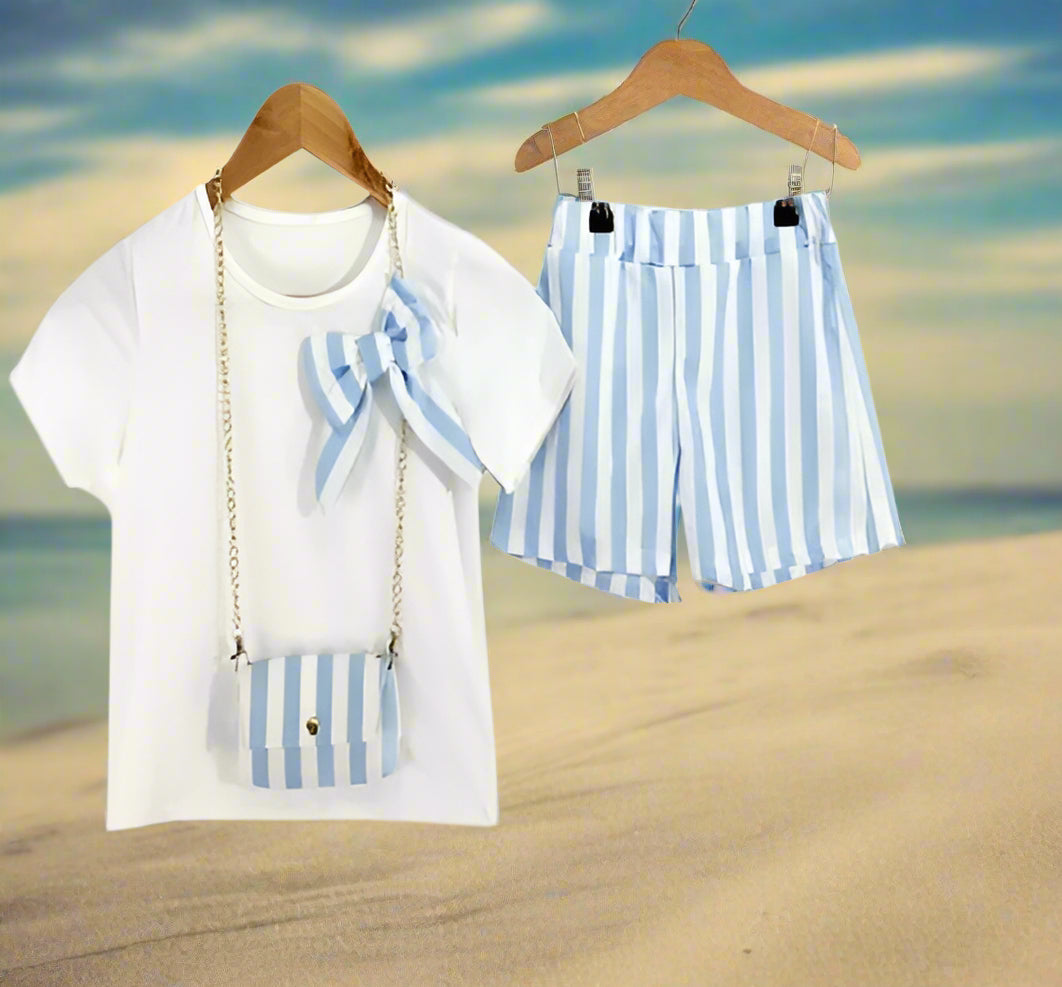 Girls Shorts And Bow T-Shirt Set With Matching Bag- Sky Blue