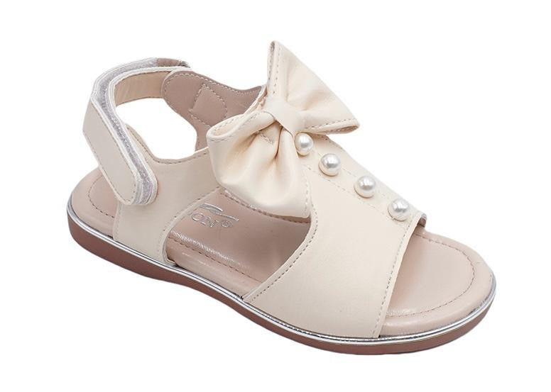 Girl's Beige Ankle Strap Beaded Embellished Bow Sandals- Sizes 20-25 EU