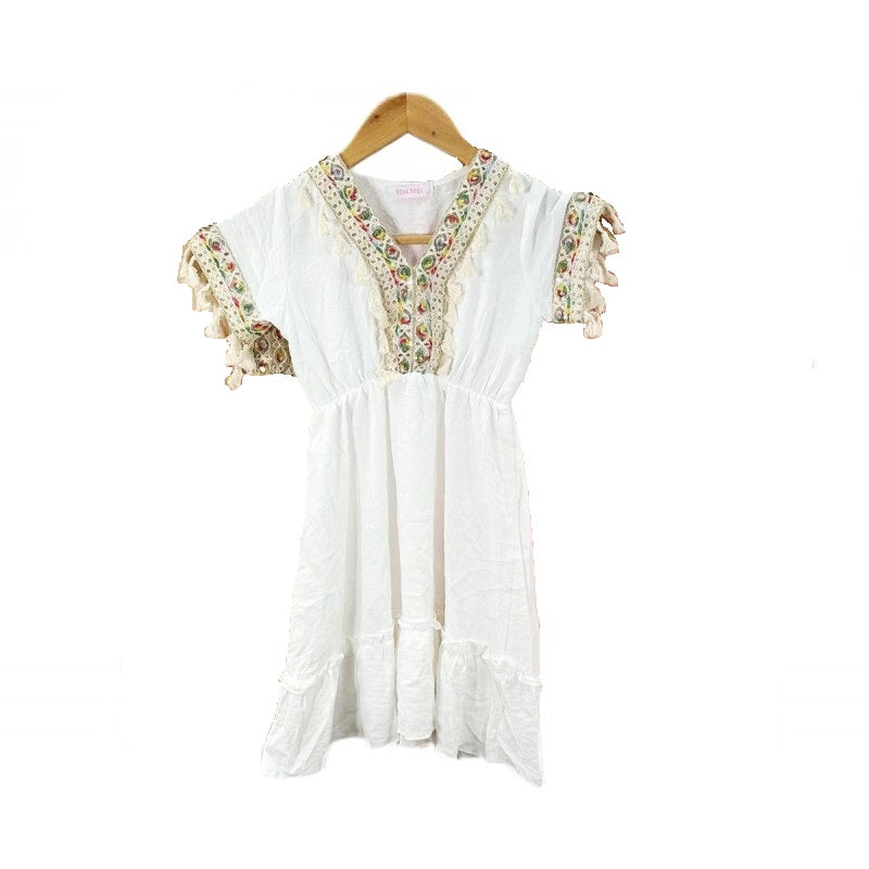 Girls Boho Style Summer Dress- Gold And Multi Coloured Trim