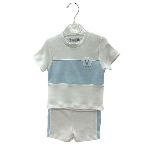 Boys White Two Tone Stripe 2pc Set- 6 to 24 Months