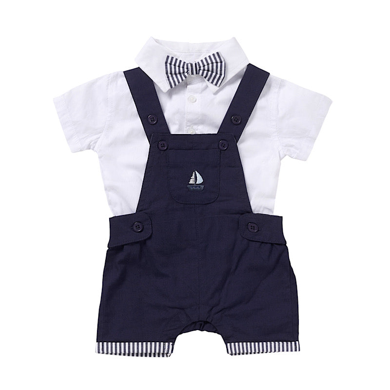 Baby boys 2pc navy sailor dungaree set with a white short sleeve shirt and pinstripe bow tie