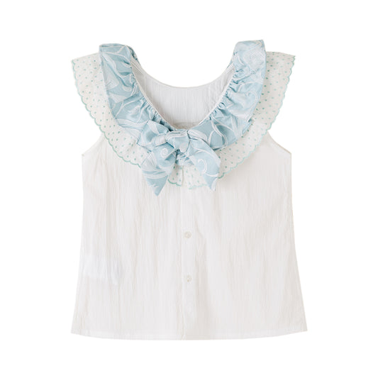 Girls Sleeveless Ruffle Blouse & Shorts Set- White/Blue- Ages 3 to 10 Years