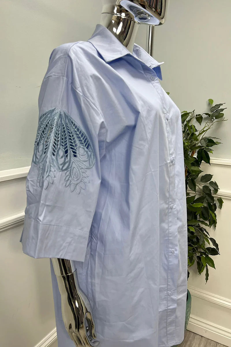 Women's Embroidery Detailed Sleeve, 100% Cotton, Oversized Shirt