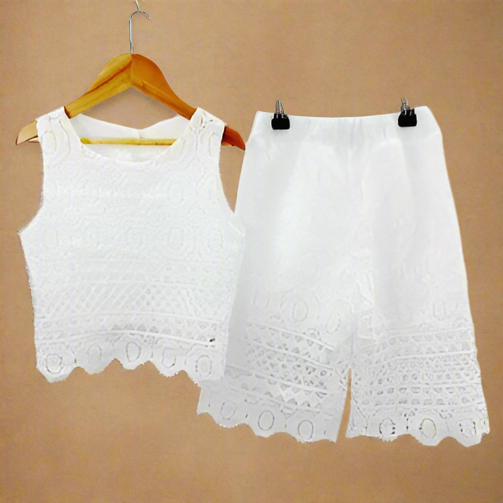 Girls Lace Shorts And Vest Top Set- Lined- White