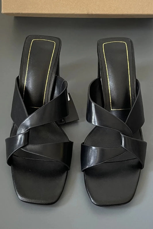 Women's Designer Black PU Cross Strap Block Heel Sandal