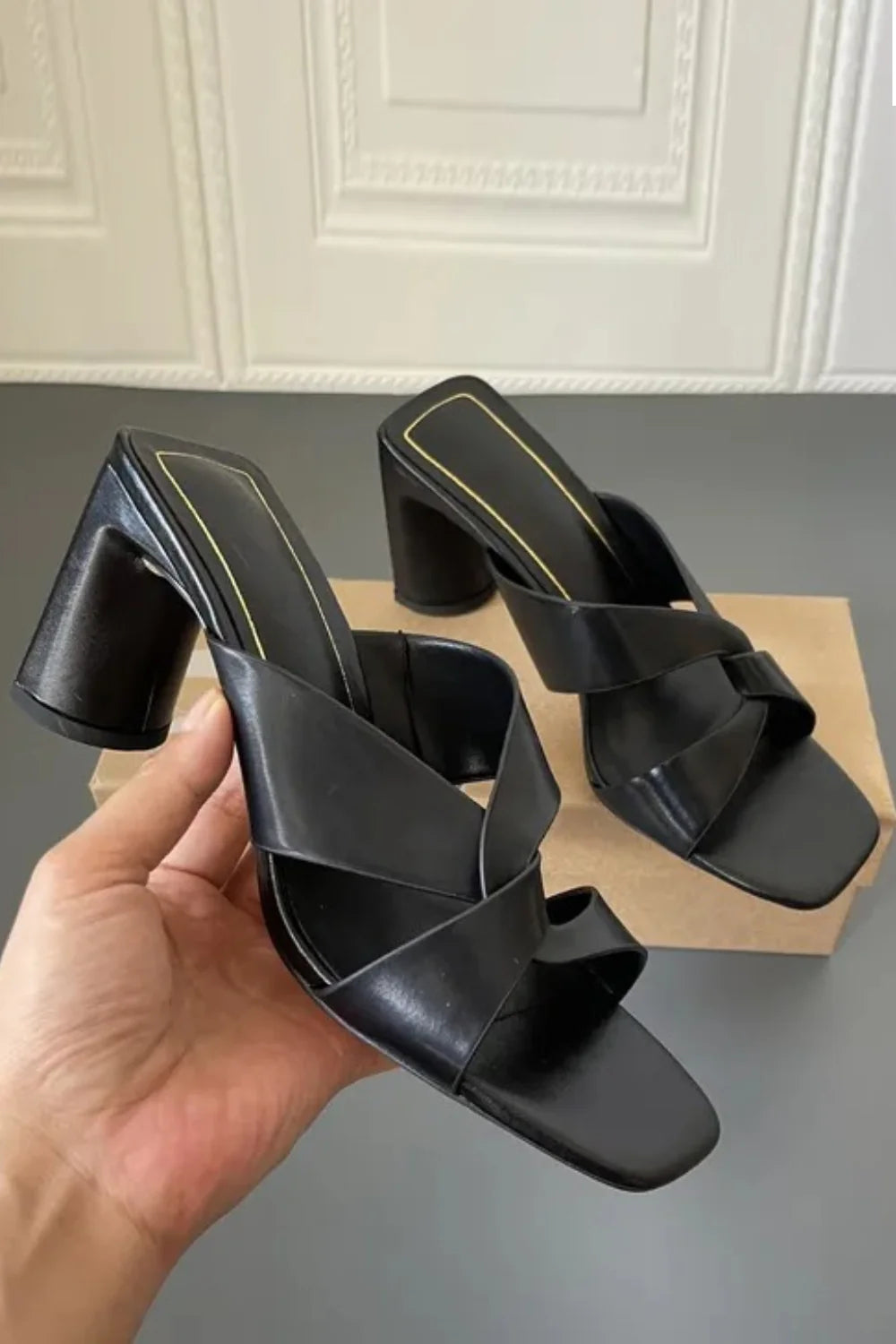 Women's Designer Black PU Cross Strap Block Heel