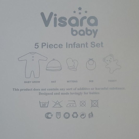 Visara baby 5 piece infant set packaging with illustrations