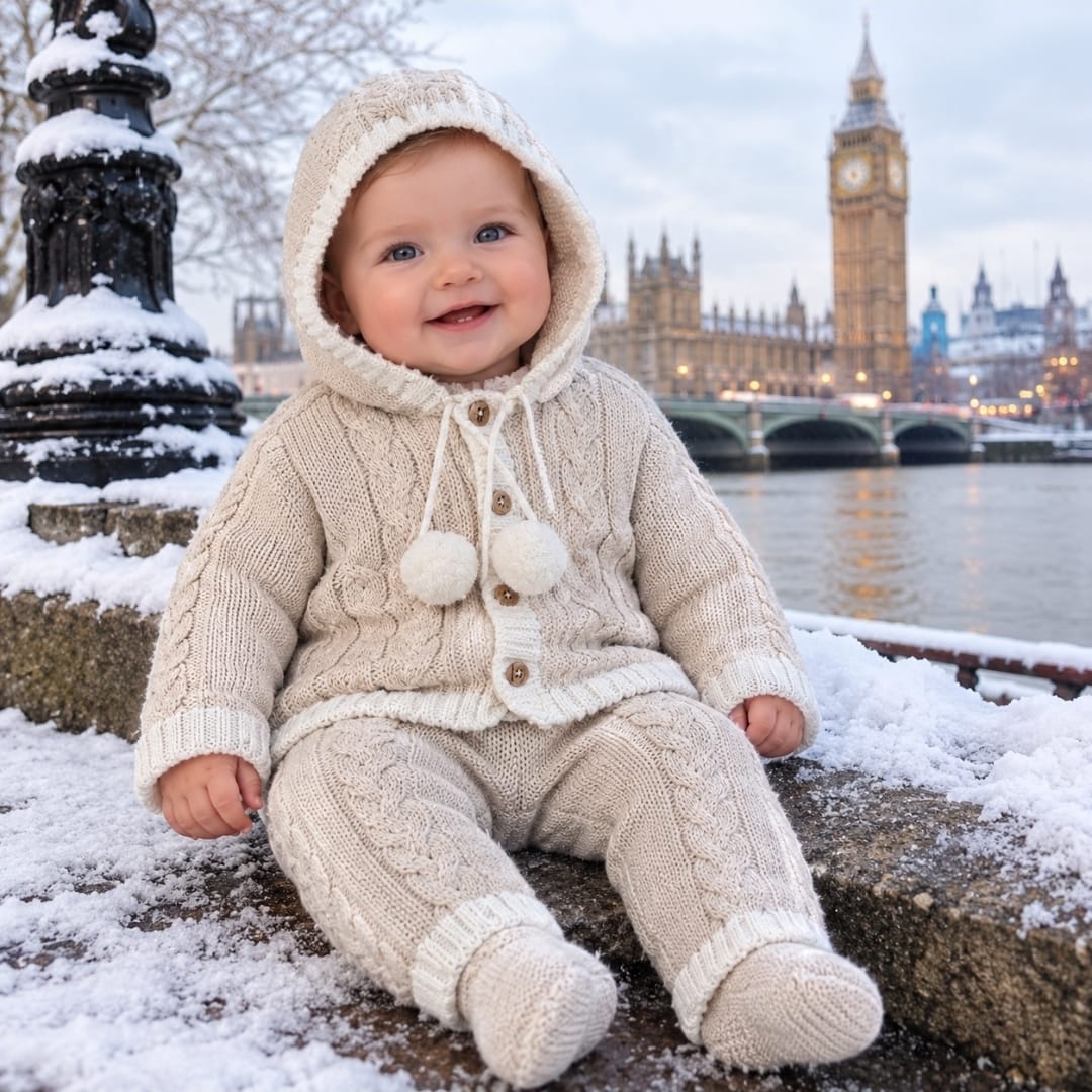 Baby Beautiful Cream Knitted 2pc Hooded Outfit With Pompoms- Beige