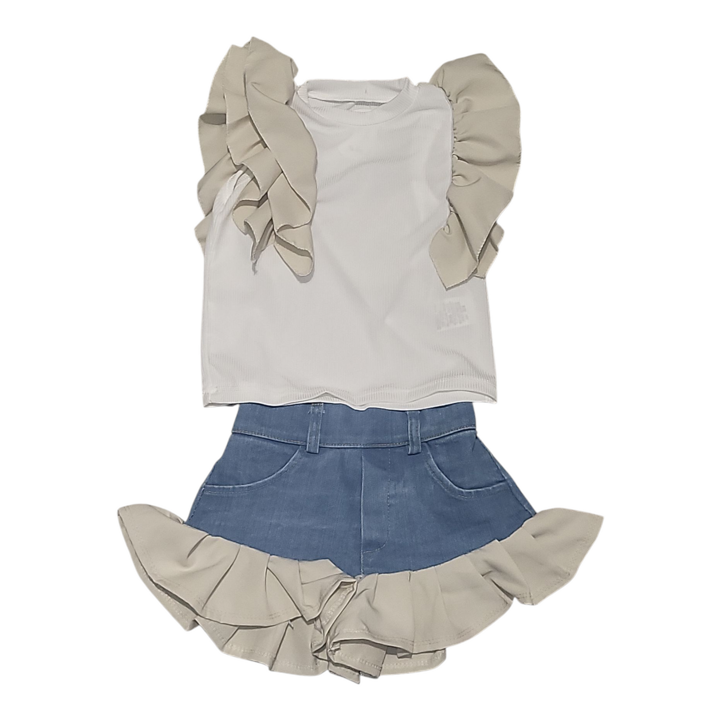 Girls Ruffled Sleeveless Top & Denim Shorts Set- Pink, Lilac & Beige