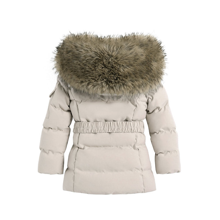 Girls Large Faux Fur Trim Hooded Coat- Black or Beige- 1 to 5 Years
