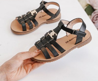 Girls Follow Me Strappy Sandal With Gold Buckle- Black, White, Gold